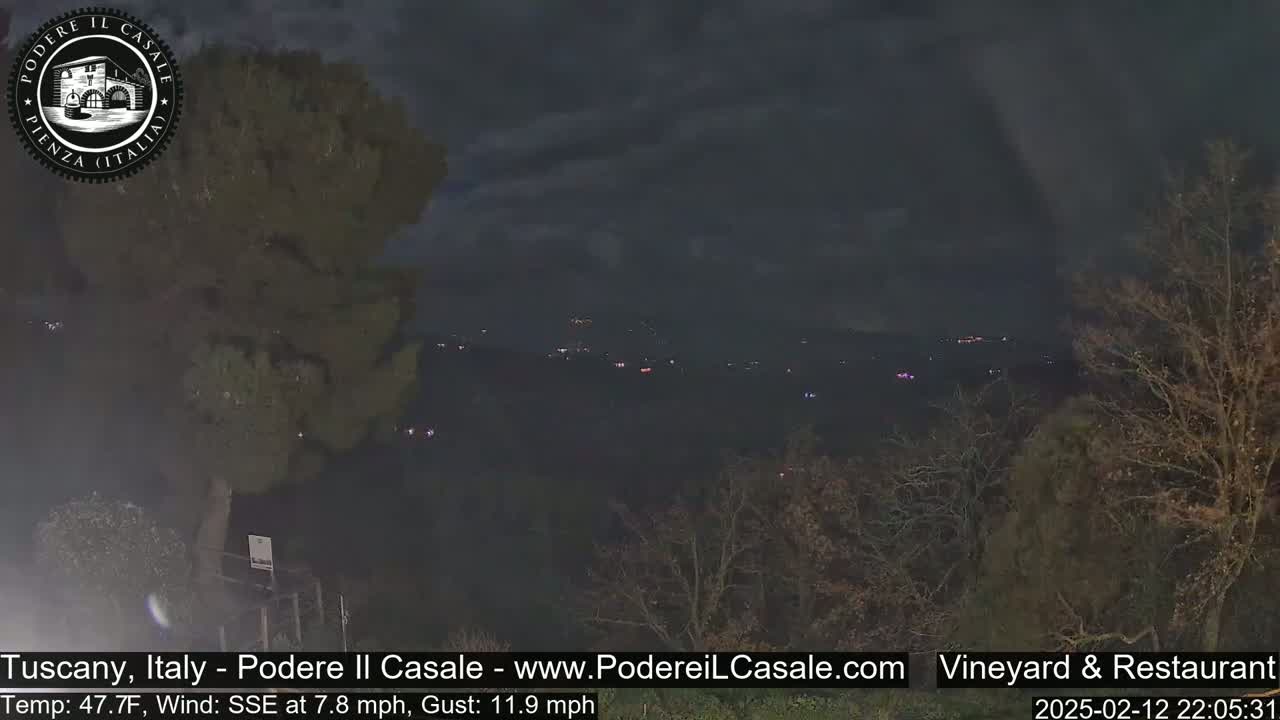 A nighttime view of a hilly landscape with sparsely lit buildings in the distance under a dark, cloudy sky.