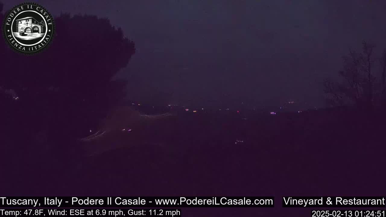A dark, nighttime landscape shows a hazy view of distant lights under a dusky sky with a wind from the east-southeast.