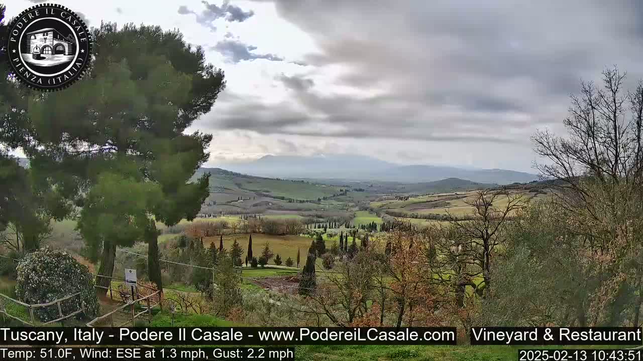 A hilly, rural landscape under a mostly cloudy sky is seen from an elevated vantage point, with a gentle breeze.