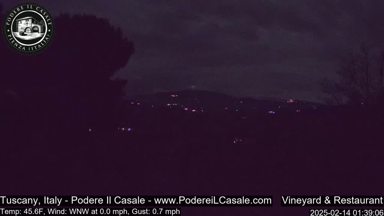 A nighttime view of a dark landscape with a few distant lights, under a cloudy sky.