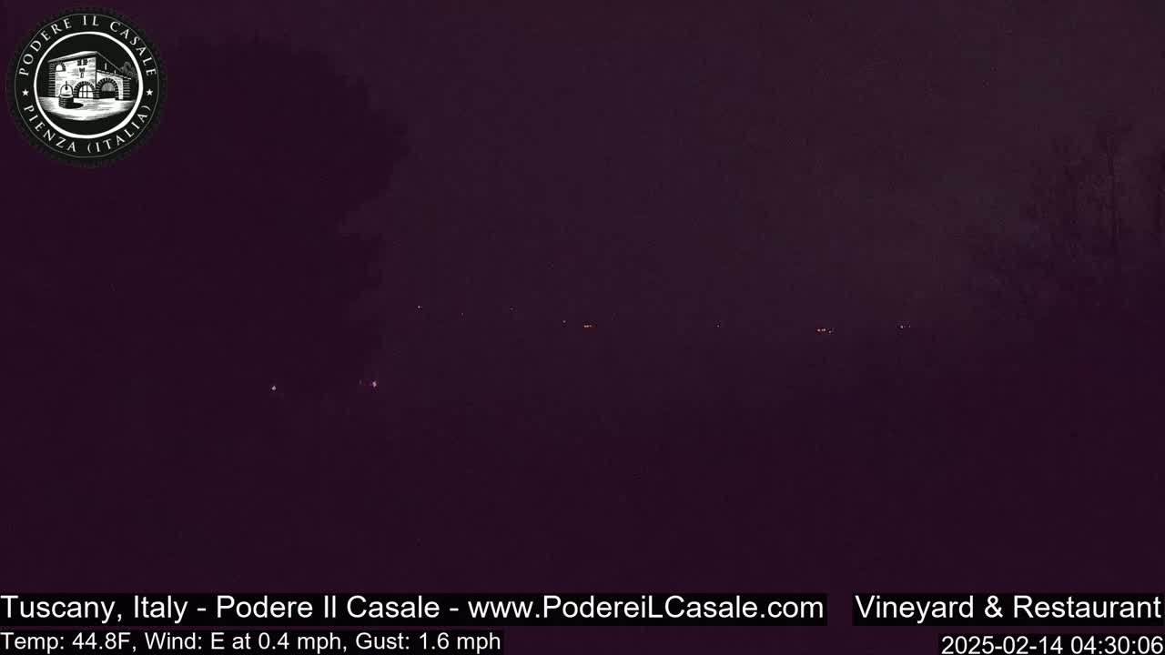 A dark, nighttime outdoor scene shows a few faint lights in the distance under a mostly cloudy sky.