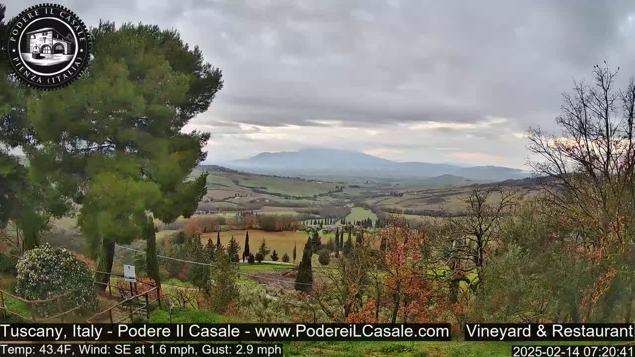 A rolling hillside vineyard and farmland stretches to distant mountains under a cloudy sky.