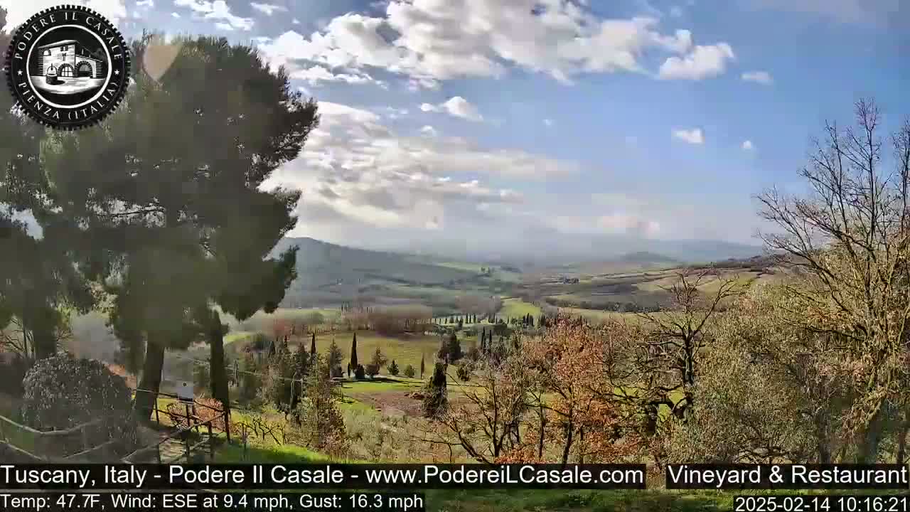 A partly cloudy day reveals a picturesque Tuscan landscape, with rolling hills, vineyards, and scattered trees under a bright blue sky.