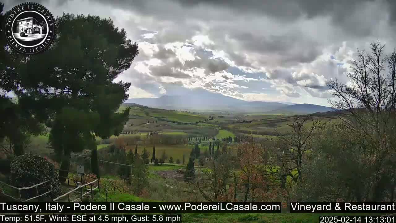 A partly cloudy day reveals a picturesque Tuscan landscape, featuring rolling hills, vineyards, and distant mountains.