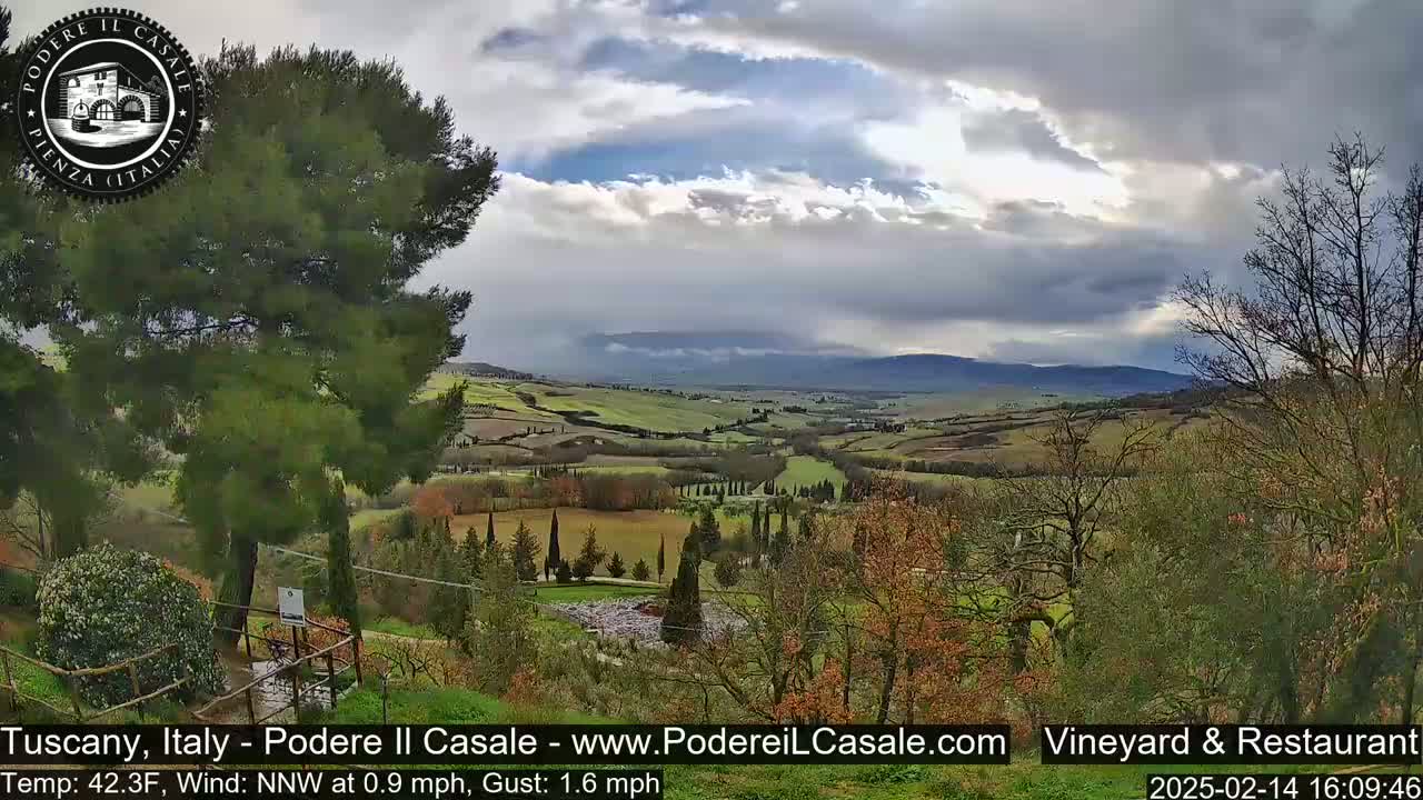 A partly cloudy day reveals a picturesque Tuscan landscape of rolling hills, vineyards, and cypress trees.