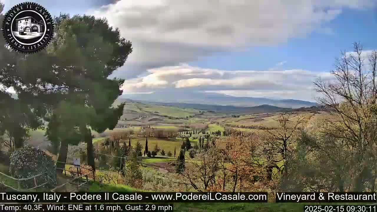A partly cloudy day reveals a sprawling Tuscan landscape of rolling hills, vineyards, and cypress trees.