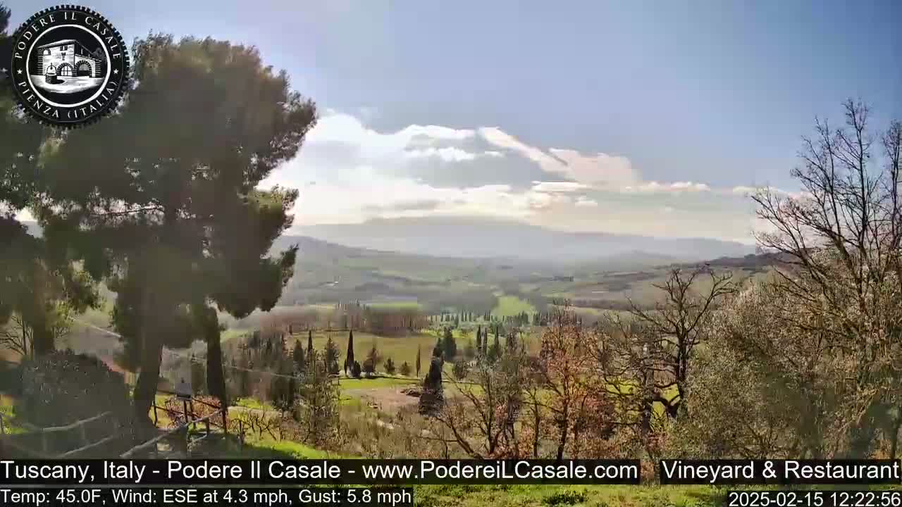 A partly cloudy, breezy day reveals a Tuscan landscape of rolling hills, vineyards, and cypress trees.