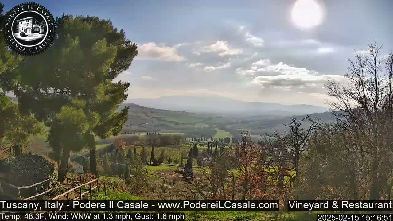 A sunny day with partly cloudy skies reveals a picturesque Tuscan landscape of rolling hills, vineyards, and scattered trees.