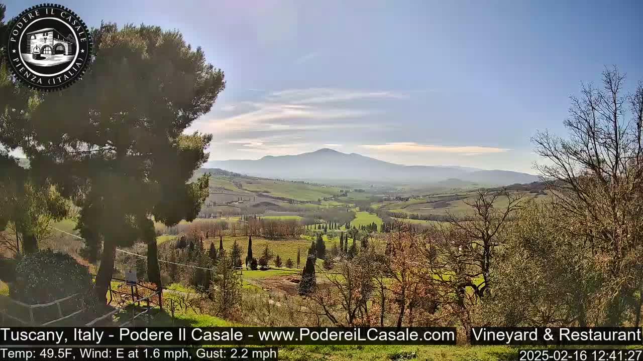 A sunny, partly cloudy view of a rolling green Tuscan landscape with a distant mountain range.