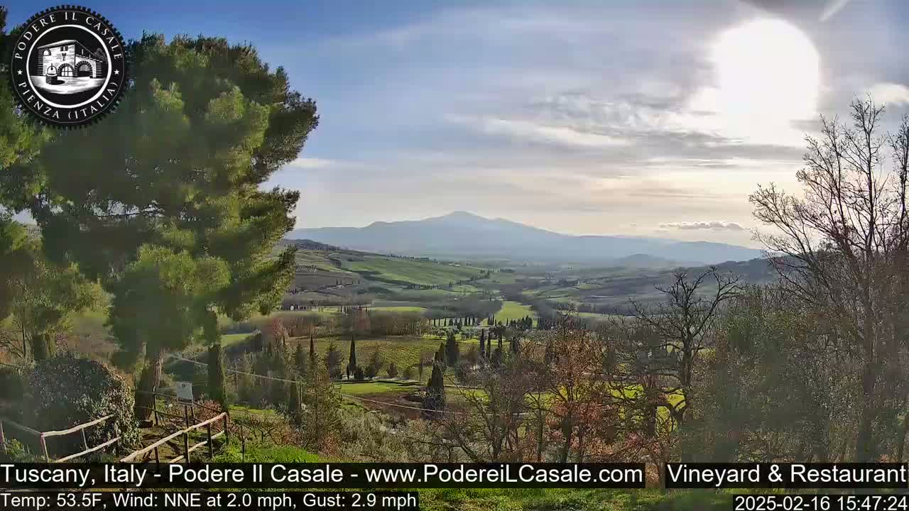 A sunlit Tuscan landscape with rolling hills, vineyards, and distant mountains under partly cloudy skies.