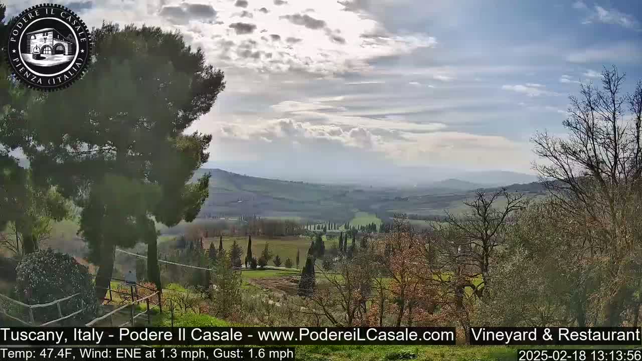 A partly cloudy day reveals a sweeping view of a Tuscan landscape, with rolling hills dotted with cypress trees and a vineyard in the foreground.