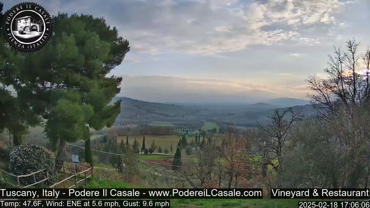 A tranquil Tuscan landscape under a partly cloudy sky shows rolling hills dotted with trees and vineyards at sunset.