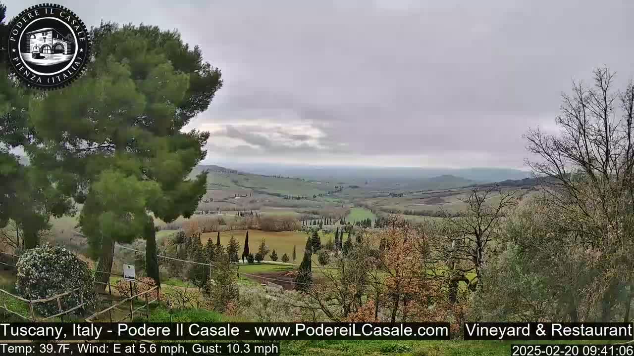 A wide, hilly landscape under an overcast sky is visible from an elevated vantage point, showing a patchwork of fields and trees.