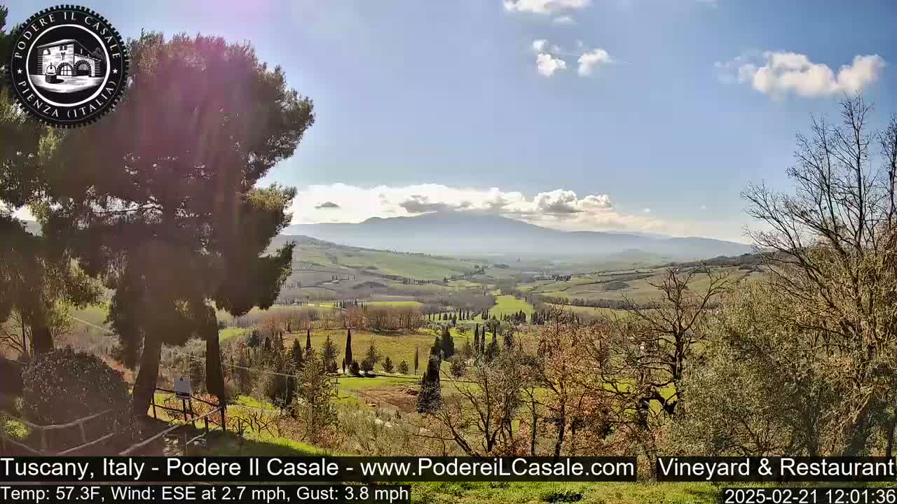 A partly sunny view of a Tuscan valley, with rolling hills and scattered trees, under a mostly clear sky.