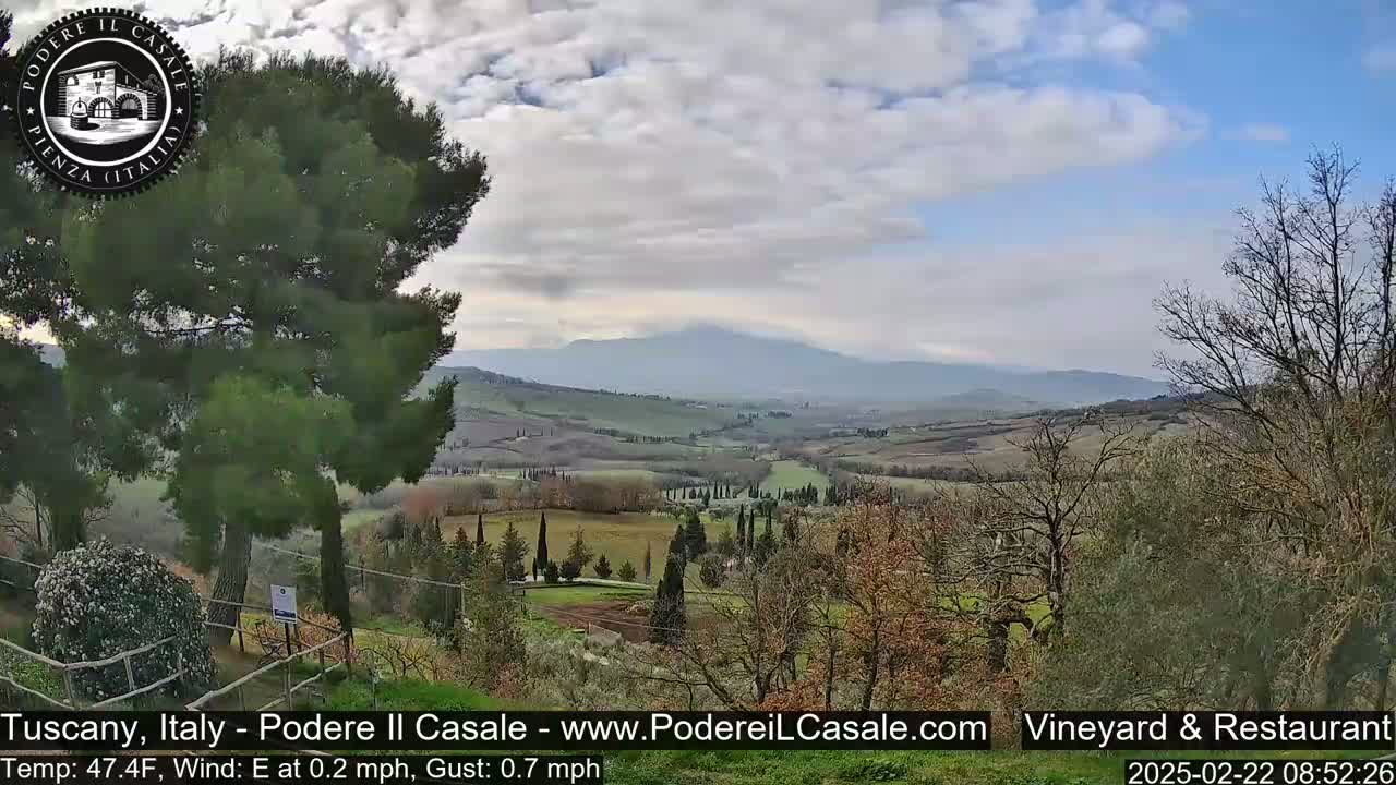 A partly cloudy day reveals a rolling Tuscan landscape with cypress trees, vineyards, and a distant mountain range.