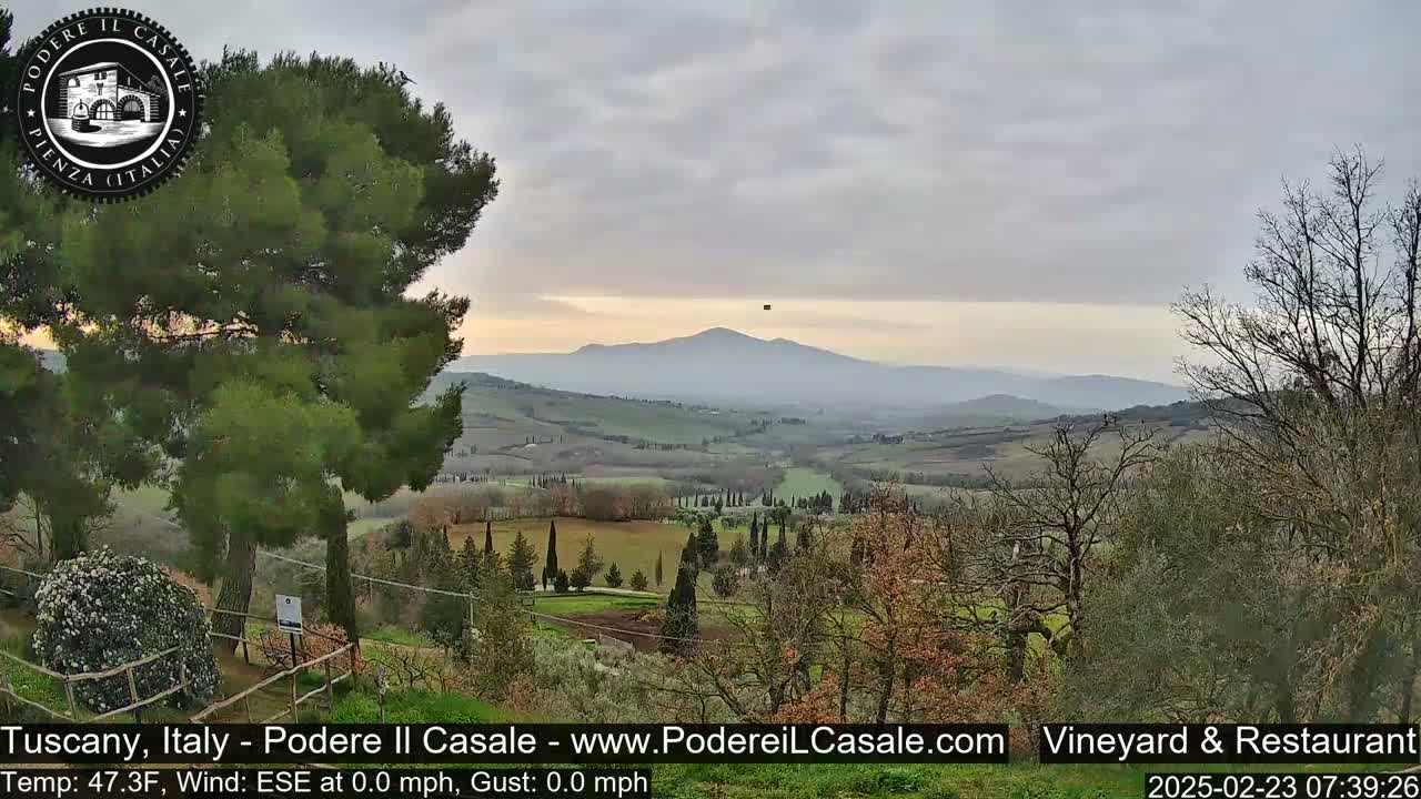 A hazy sunrise illuminates a rolling Tuscan landscape, viewed from a vantage point amidst trees and a fence.