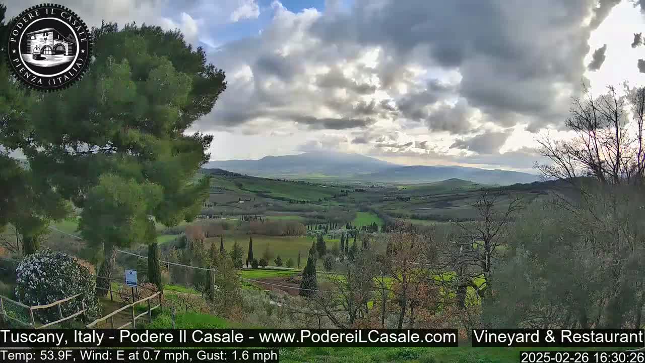 A partly cloudy day reveals a picturesque Tuscan landscape, featuring rolling hills, vineyards, and a distant mountain range under a mostly cloudy sky.