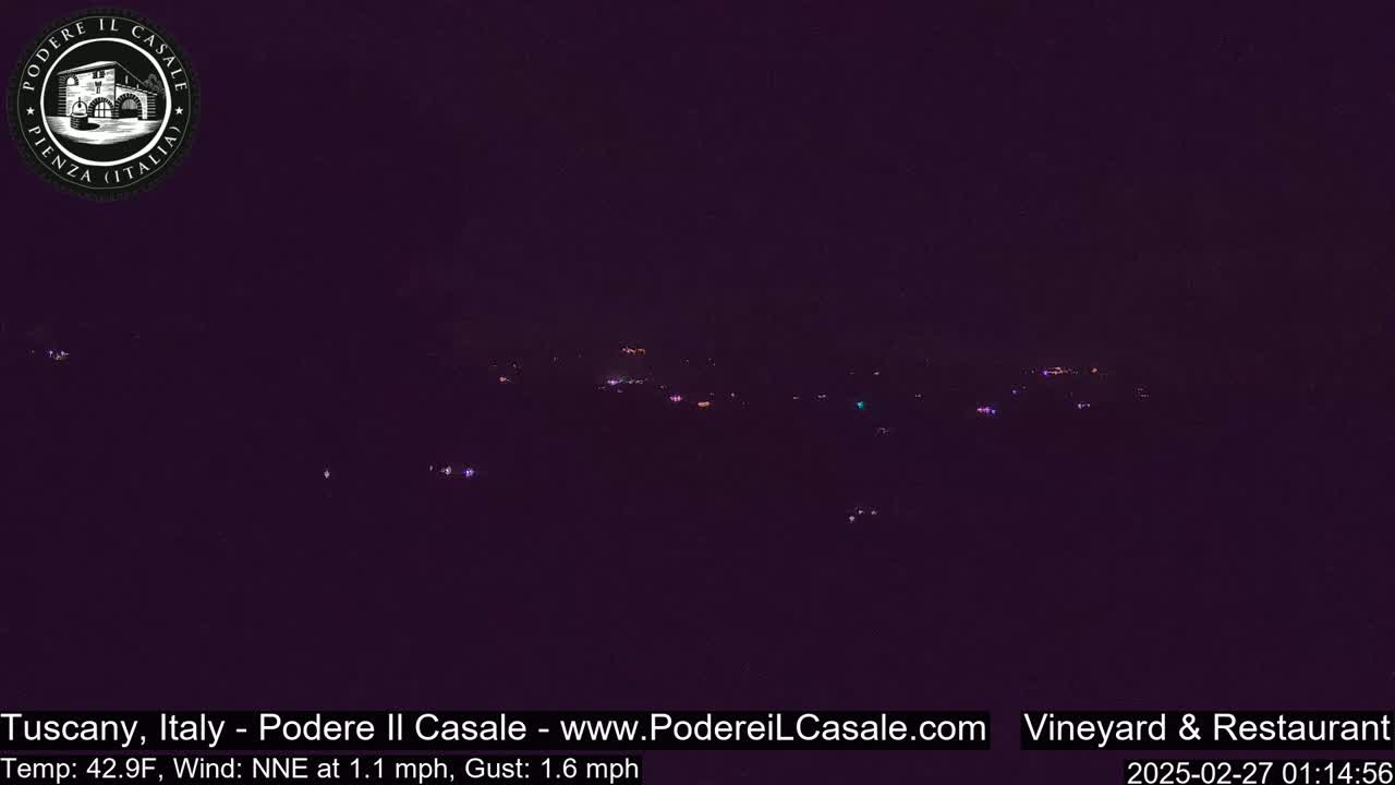 A nighttime long shot of a dimly lit landscape with a few scattered lights in the distance, under a dark sky.