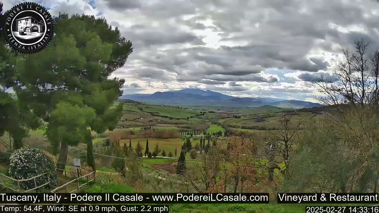 A partly cloudy, breezy day reveals a sweeping view of a Tuscan landscape with rolling hills, vineyards, and cypress trees, under a sky filled with fluffy white and gray clouds.