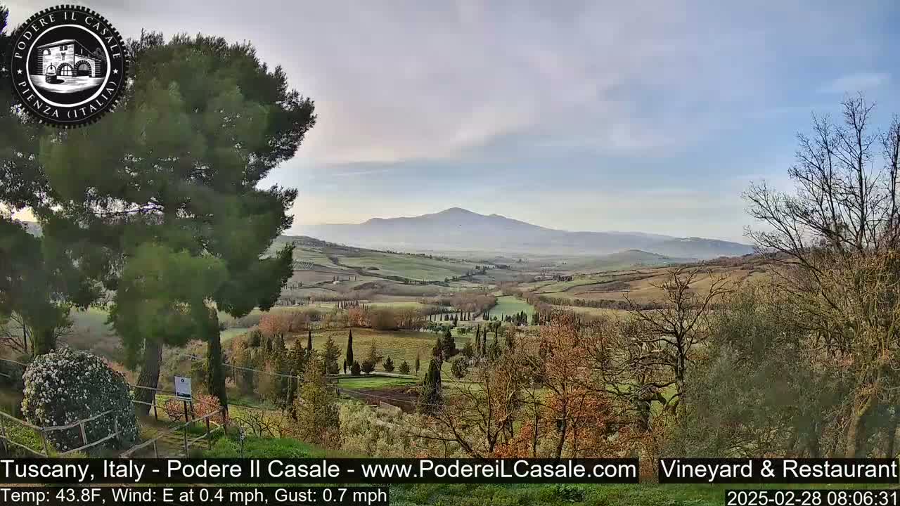 A panoramic view of a rolling, hilly landscape under a partly cloudy sky shows a vineyard and distant mountains.