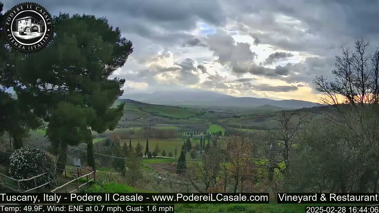 A partly cloudy sunset over a Tuscan landscape of rolling green hills, dotted with trees and vineyards.