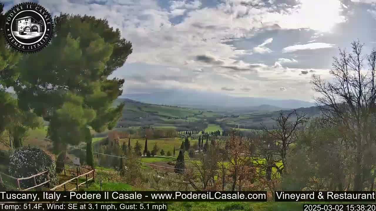 A partly cloudy day reveals a view of a rolling green Tuscan hillside dotted with cypress trees, seen from a vantage point near a pine tree and wooden fence.