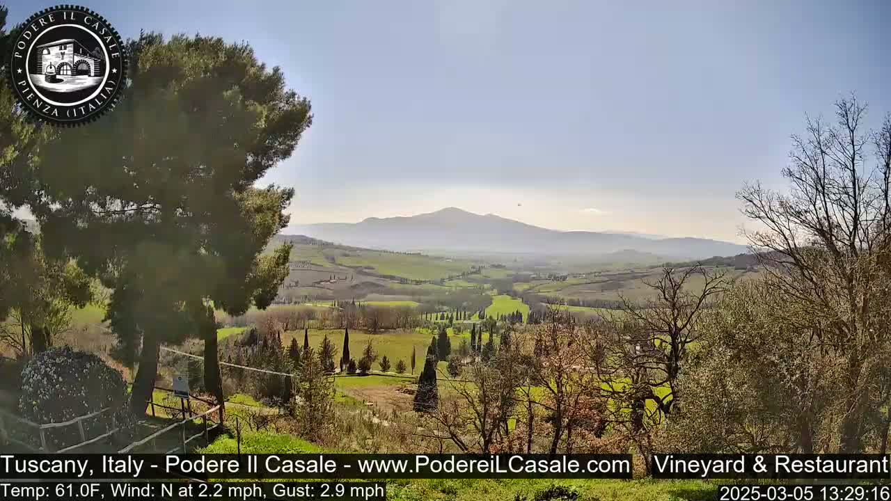 A panoramic view of a sunlit Tuscan landscape, showing rolling green hills, trees, and a distant mountain range under a clear blue sky.