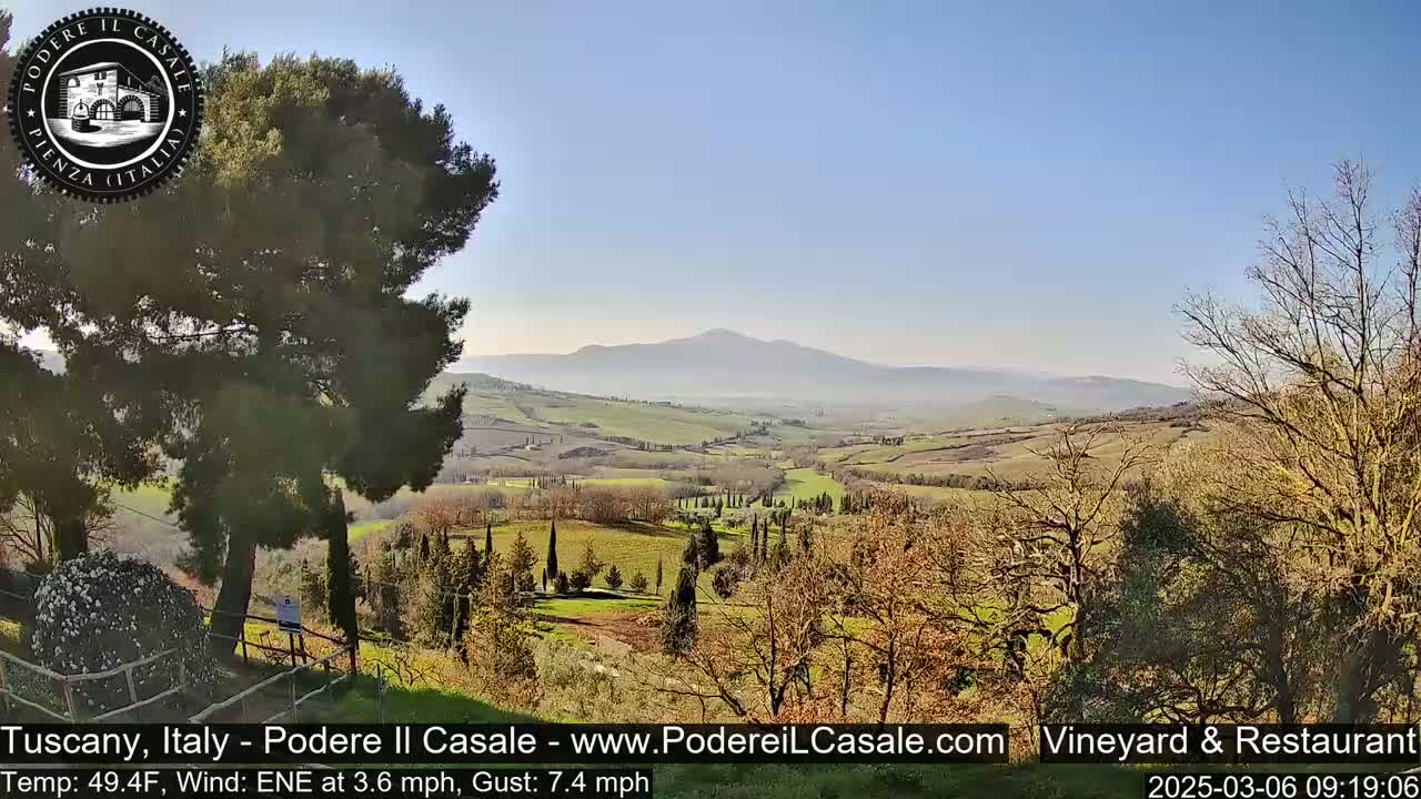 A panoramic view of a Tuscan landscape on a sunny day with a light wind shows rolling hills dotted with trees and vineyards, extending to a hazy mountain range in the distance.