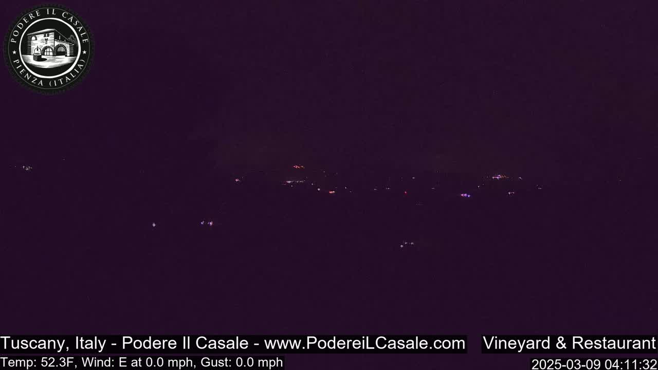 A nighttime, long shot of a dark landscape with a few scattered lights in the distance under a clear, dark sky.