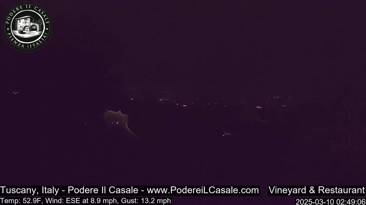 A dark nighttime view of a landscape with distant lights, under a cloudy sky and a wind blowing from the east-southeast at 8.9 miles per hour with gusts up to 13.2 miles per hour.
