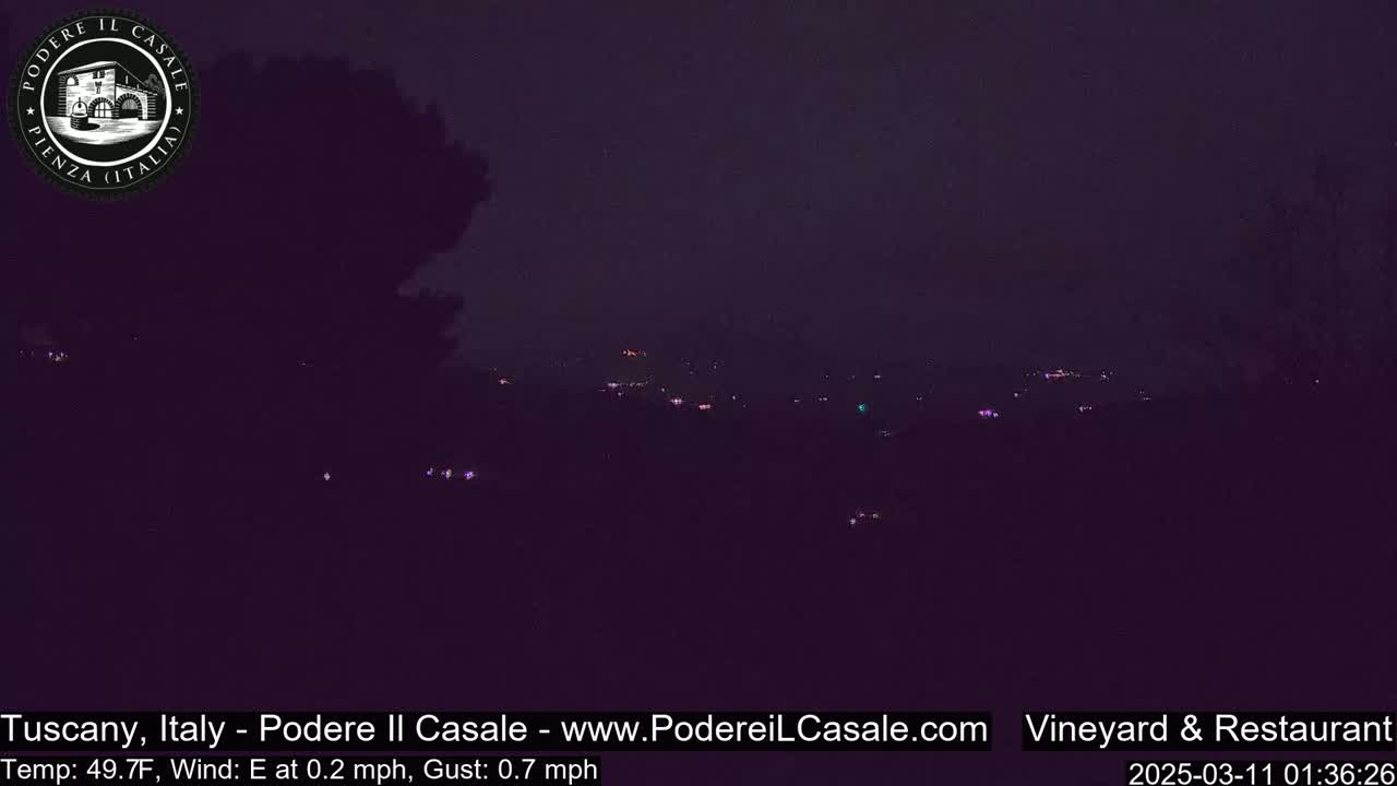A nighttime, dark purple-toned landscape view shows a distant town with scattered lights under a mostly clear sky with a light east wind.
