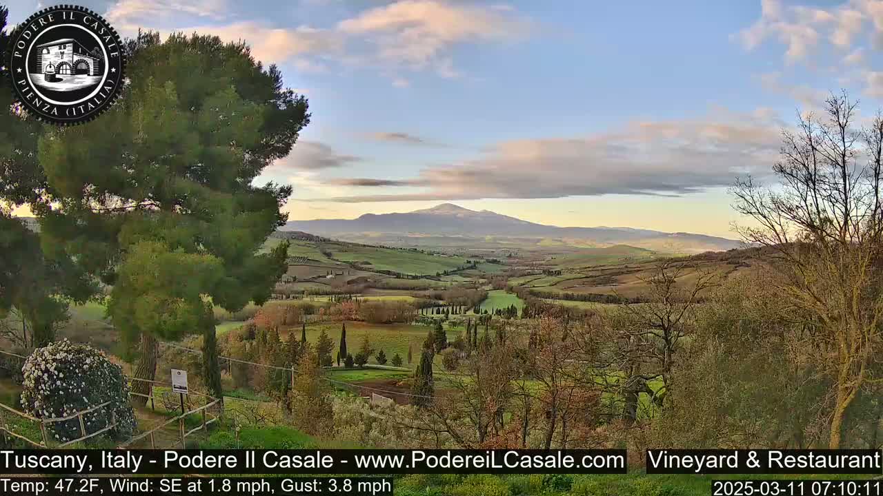 A picturesque Tuscan landscape under a partly cloudy sky shows rolling hills, vineyards, and a distant mountain range.