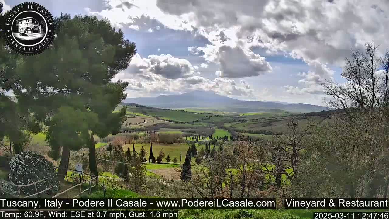 A partly cloudy day reveals a Tuscan landscape of rolling green hills, vineyards, and cypress trees, with mountains in the distance.