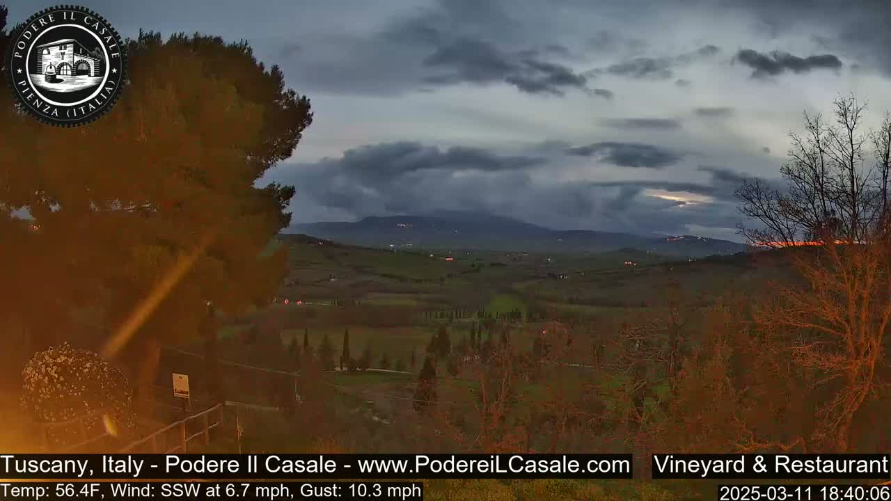 A sprawling Tuscan landscape at dusk under a partly cloudy sky shows rolling hills, vineyards, and sparsely scattered trees.