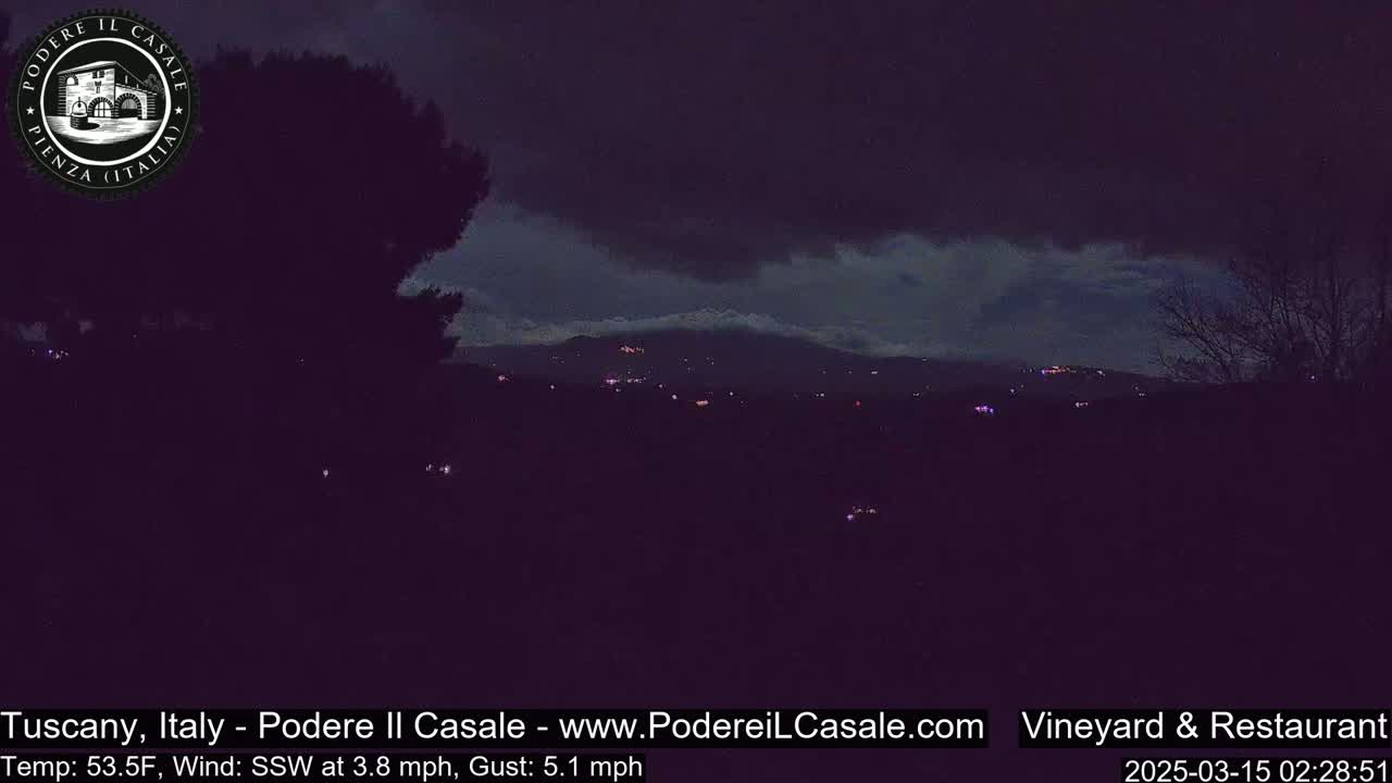 A nighttime, dark landscape shows a distant town with scattered lights under a cloudy, dark sky.