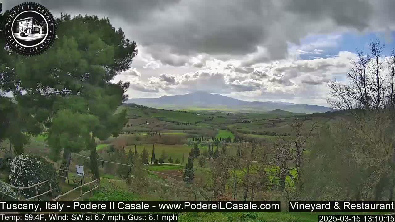 A partly cloudy day reveals a view of rolling green hills and distant mountains in a rural setting.
