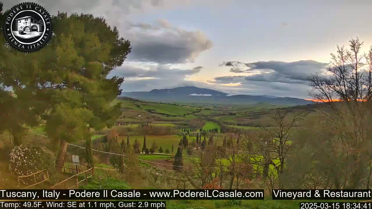 A partly cloudy sunset over a vast, rolling green landscape with sparsely placed trees and distant mountains.