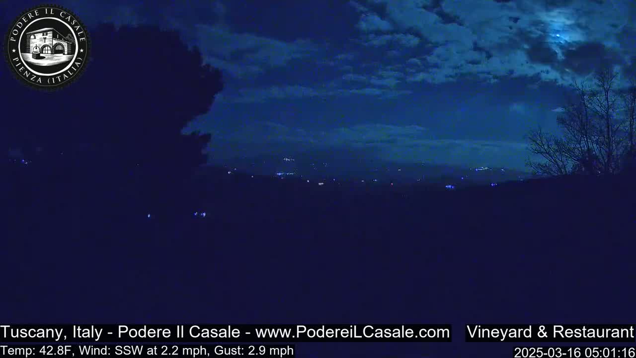 A nighttime view of a distant town illuminated by lights under a partly cloudy sky, with a gentle wind.
