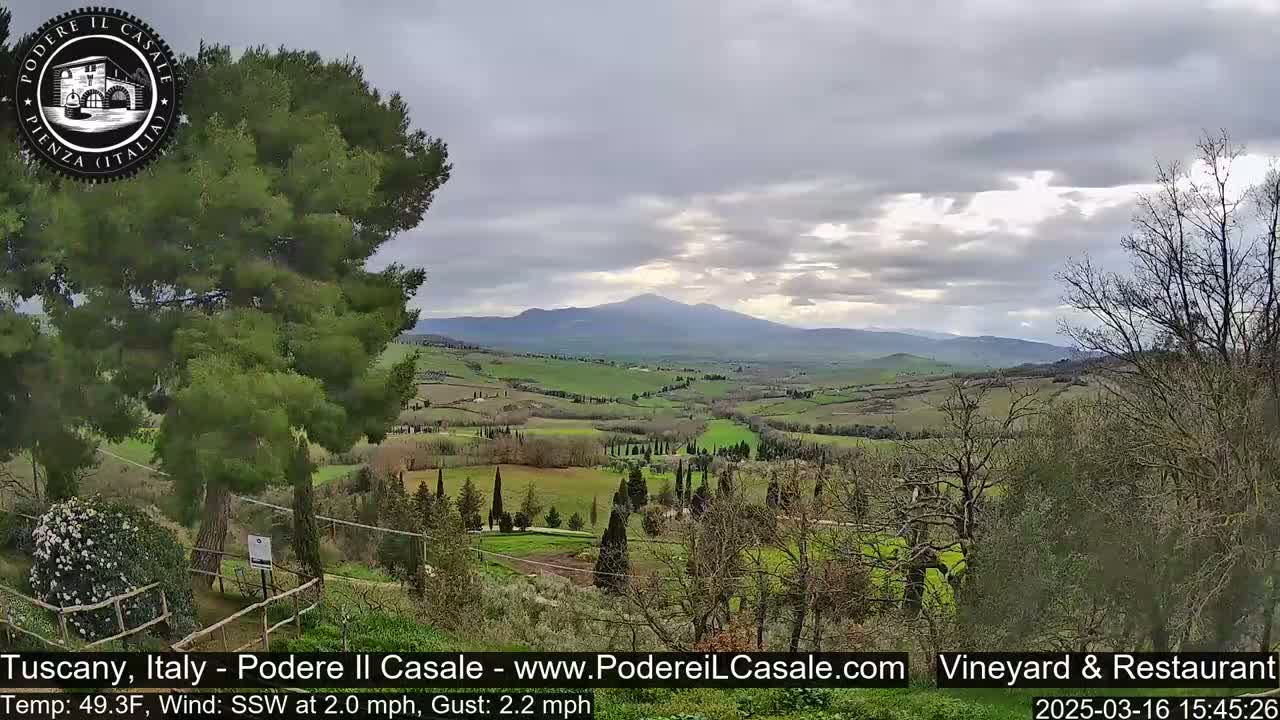 A hilly, verdant landscape under a mostly cloudy sky stretches to a distant mountain range.