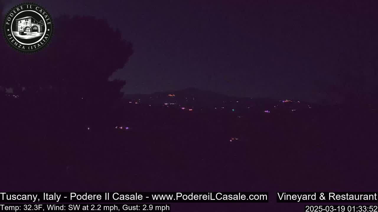 A nighttime, dark view of distant, dimly lit buildings and hills under a clear, dark sky.