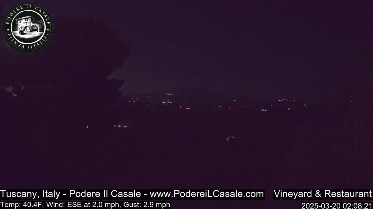 A nighttime view of a dimly lit landscape with scattered lights in the distance under a dark sky.