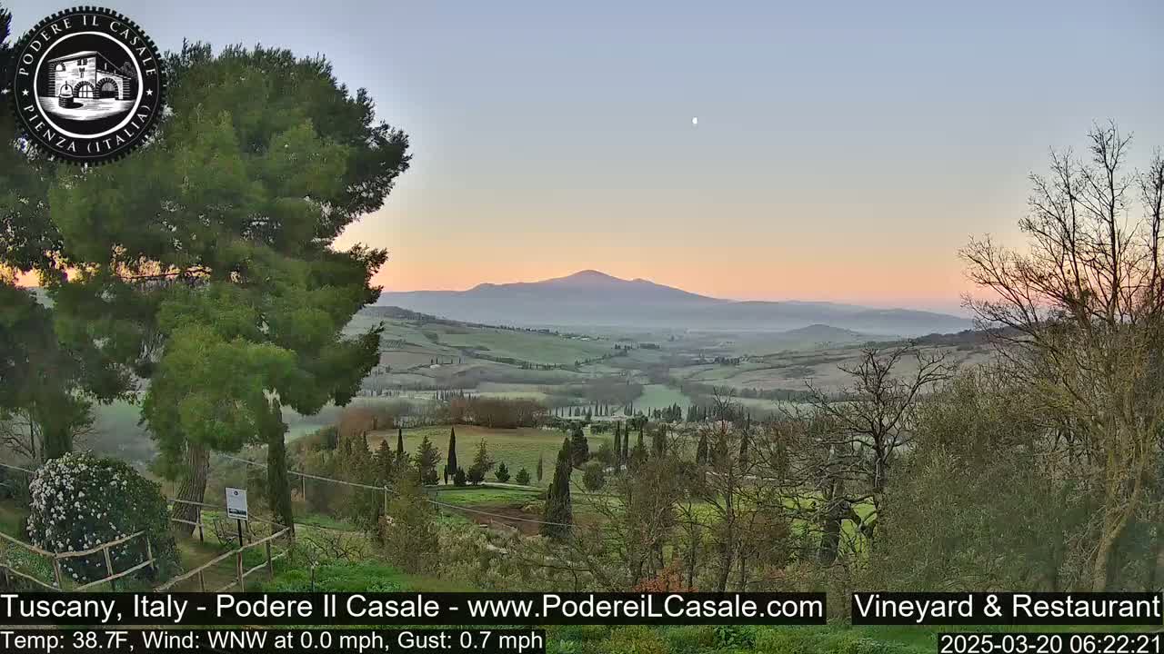 A tranquil sunrise illuminates a rolling Tuscan landscape, with a distant mountain shrouded in mist under a pale sky.
