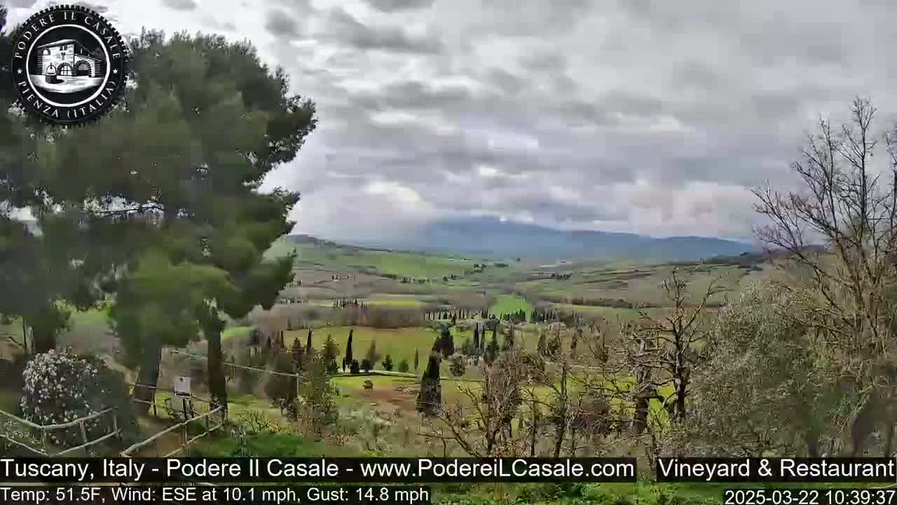 A partly cloudy, windy day overlooks a Tuscan landscape of rolling green hills dotted with trees and farmlands.