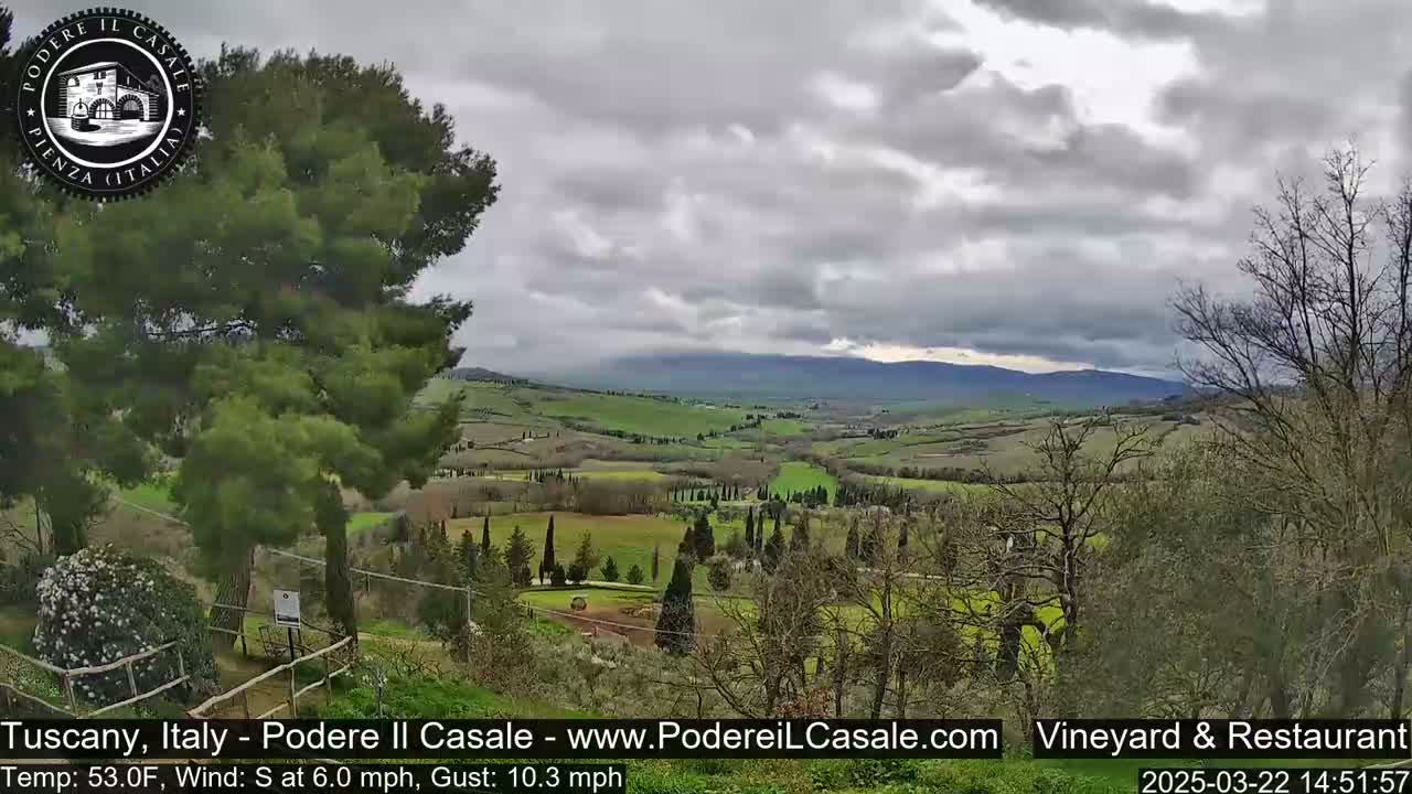 A view of a Tuscan landscape under a cloudy sky shows rolling green hills dotted with trees, extending to distant mountains.