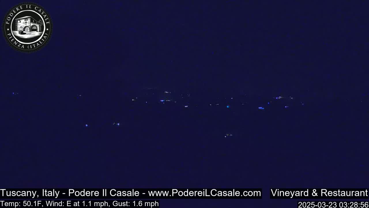 A nighttime long shot shows a dark landscape with scattered small lights in the distance under a clear, dark sky.