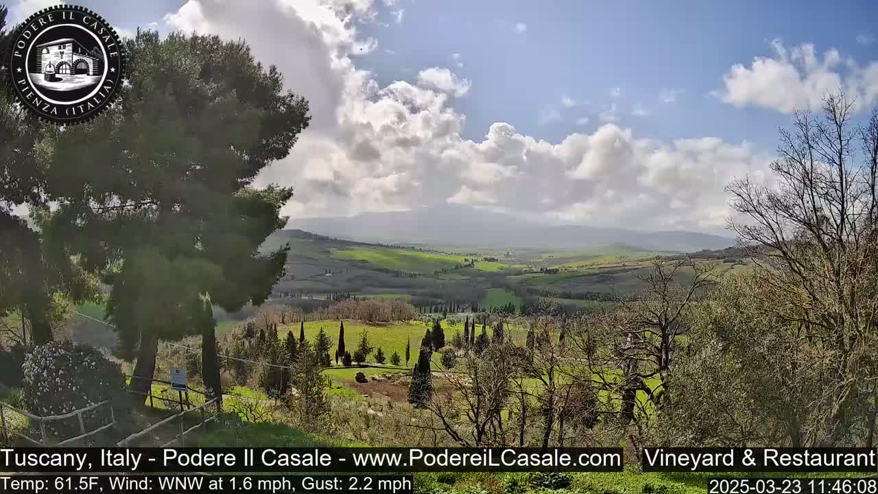 A partly cloudy sky overlooks a picturesque Tuscan landscape of rolling green hills dotted with trees and a few buildings under a partly sunny sky.