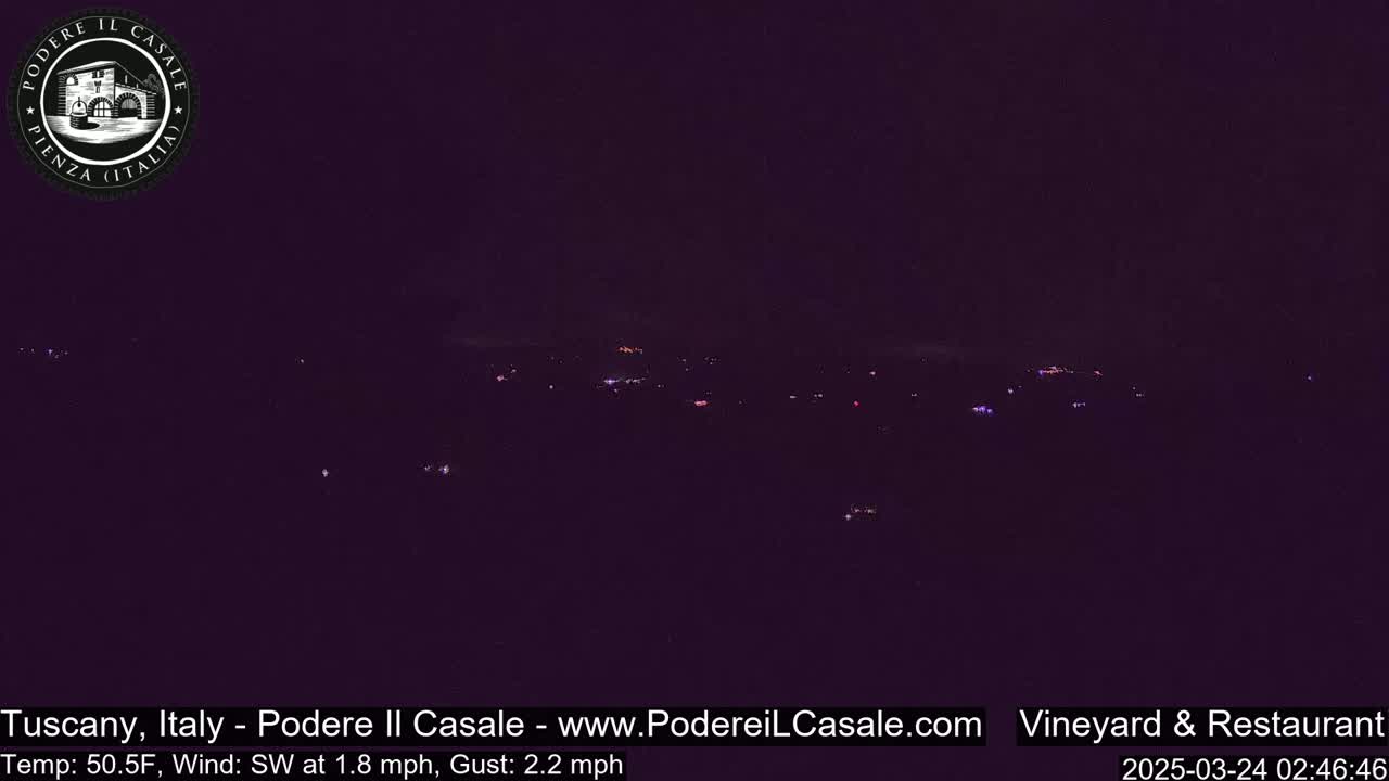 A nighttime, long-range view of a dimly lit landscape with scattered lights, under a dark sky with a southwest wind.