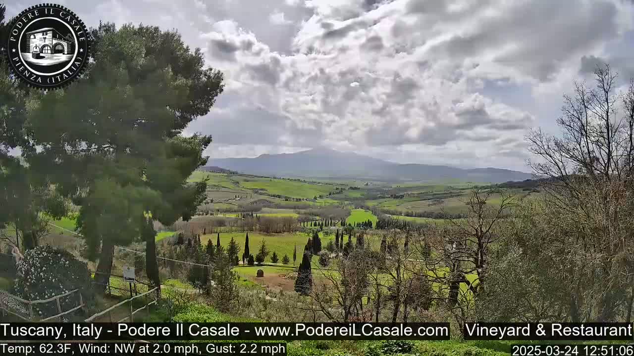 A partly cloudy day reveals a rolling green Tuscan landscape with cypress trees and distant mountains.