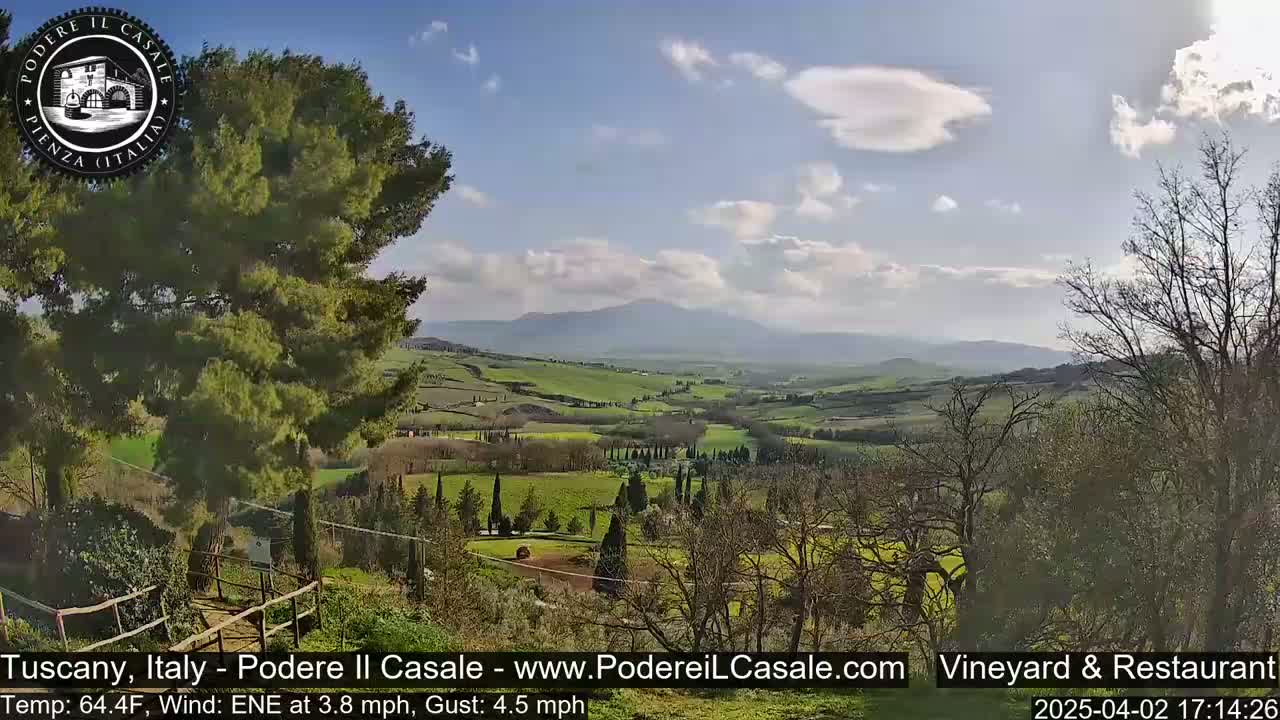 A partly cloudy day reveals a Tuscan landscape of rolling green hills, vineyards, and cypress trees, with mountains in the distance.