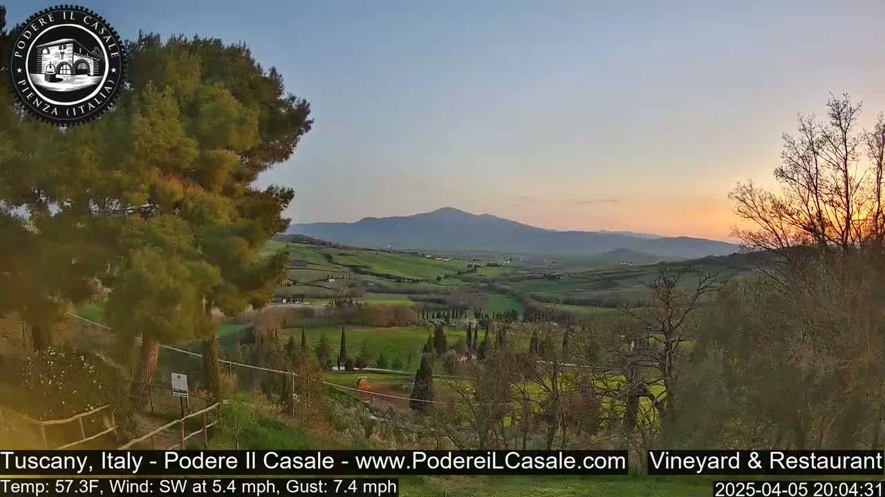 A sunset over rolling green hills and cypress trees in a Tuscan landscape, under a mostly clear sky with a light southwest wind.